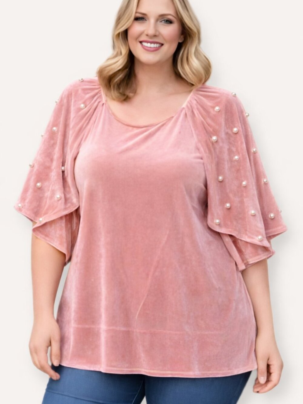 NWT Umgee Velvet Top in Blush Pink with Pearl Accents Size L